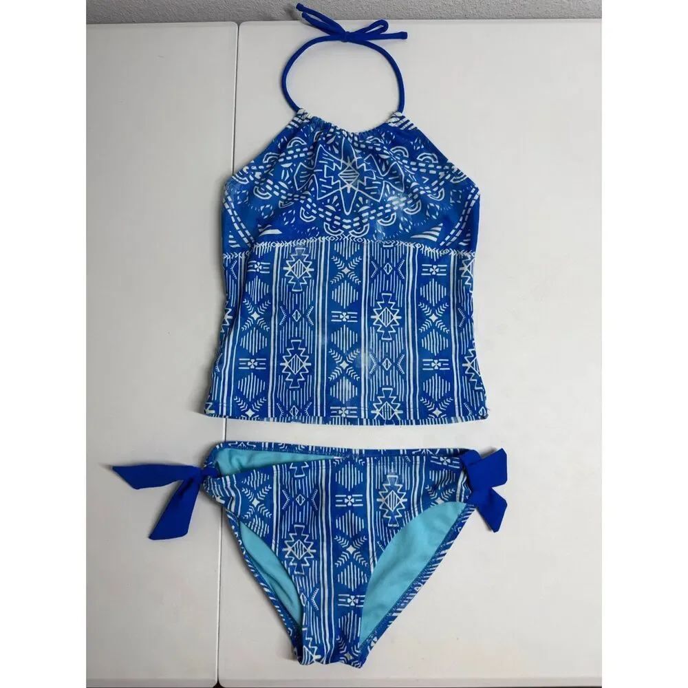Breaking Waves Girls Size 10 Blue White Tankini Swimsuit 2 Piece UPF Beach Pool